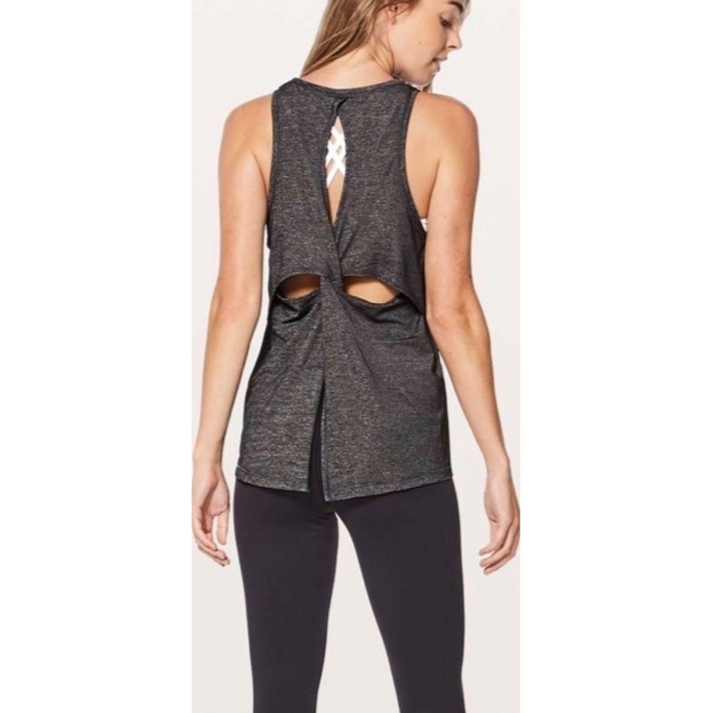 Lululemon Hold Let Flow Tank Heathered Black Grey Space Dye Open Back Yoga 10